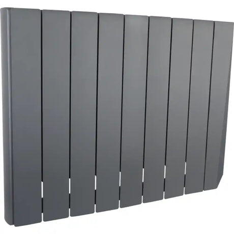 Wall mounted grey oil filled radiator with 8 vertical heating panels and white vents, 1500w Masterplug SmartEnergy model shown at an angle against white background