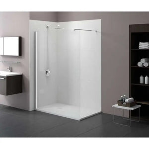 Modern bathroom featuring a white Merlyn Truestone rectangular shower enclosure with frameless glass panels and chrome fittings, paired with dark vanity unit, mirror, shelving and grey tile flooring