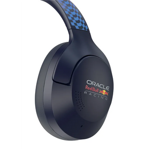 Red Bull Racing Oracle blue and black over-ear Bluetooth foldable headphones with checkered pattern headband and logo on ear cup