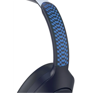 Red Bull Racing over-ear Bluetooth foldable headphones with blue checkered pattern on ear cups and black body, displayed at an angle showing the curved headband design