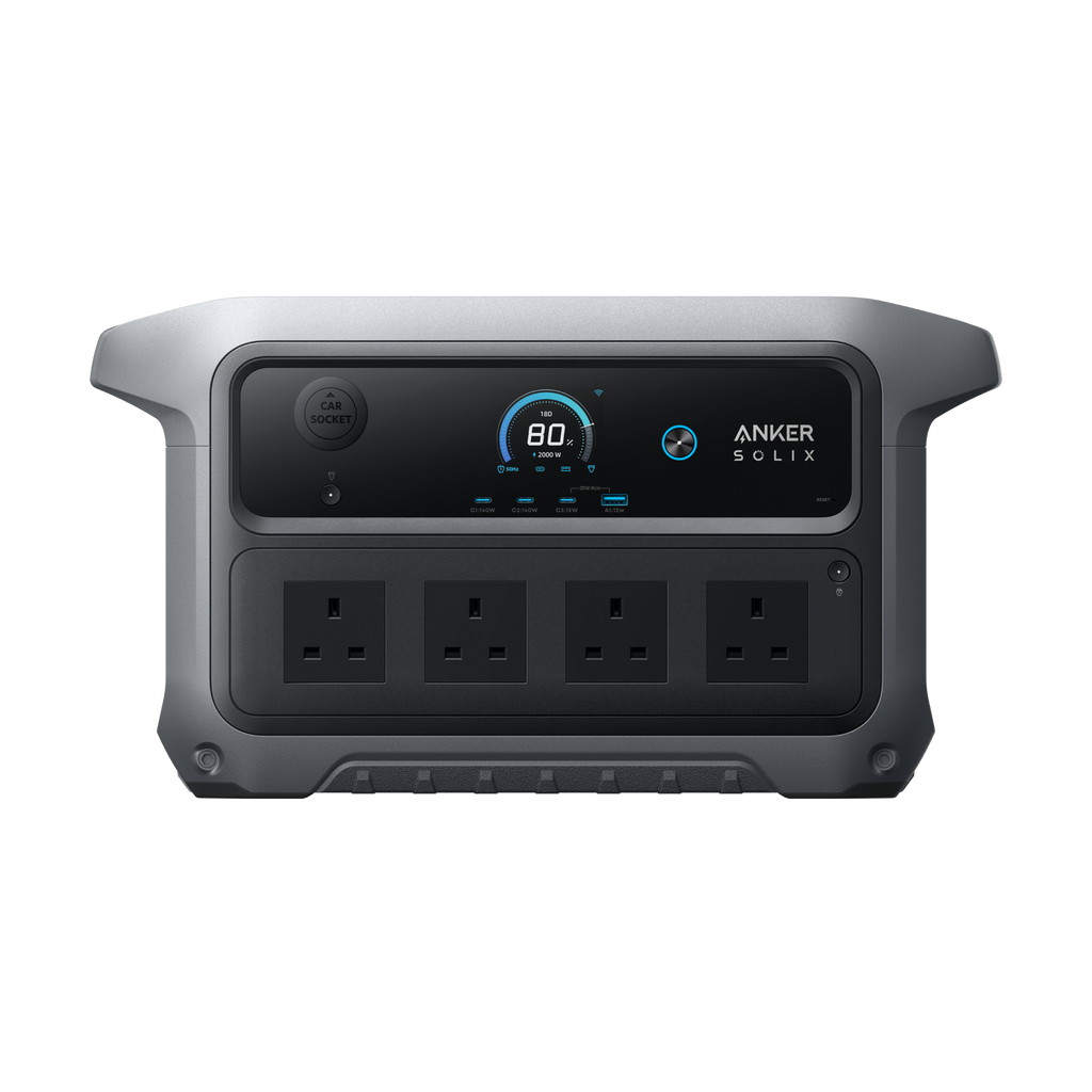Anker SOLIX C2000 Gen 2 portable power station with gray casing and black control panel displaying 80% battery level, featuring four AC outlets and car socket input, 2048Wh capacity, front view on white background