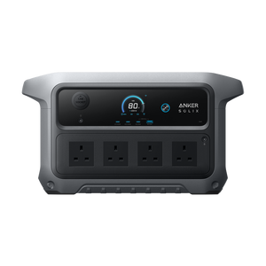 Anker SOLIX C2000 Gen 2 portable power station with gray casing and black control panel displaying 80% battery level, featuring four AC outlets and car socket input, 2048Wh capacity, front view on white background