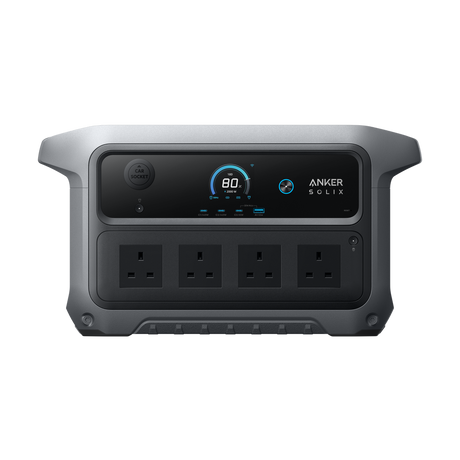 Anker SOLIX C2000 Gen 2 portable power station with gray casing and black control panel displaying 80% battery level, featuring four AC outlets and car socket input, 2048Wh capacity, front view on white background
