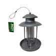 Moy Deluxe Lantern Bird Seed Feeder BF036 with dark grey metal construction, tiered roof design, cylindrical seed chamber, and hanging wire attachment with green product tag