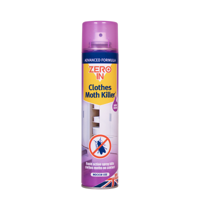 Zero In Clothes Moth Killer 300ml aerosol spray can with purple and yellow label featuring moth warning symbol and enhanced formula branding