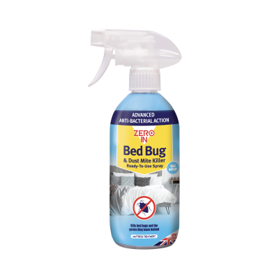 Zero In Bed Bug and Dust Mite Killer 500ml spray bottle with blue label and trigger sprayer on white background