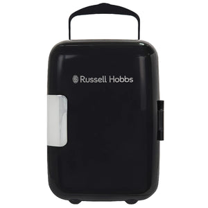 Russell Hobbs black 4 litre portable mini cooler and warmer with white door panel and carrying handle front view product image