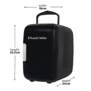Russell Hobbs 4 litre portable mini cooler warmer in black with dimensions width 18cm height 25.2cm depth 24cm showing handle and grey accent panel on front