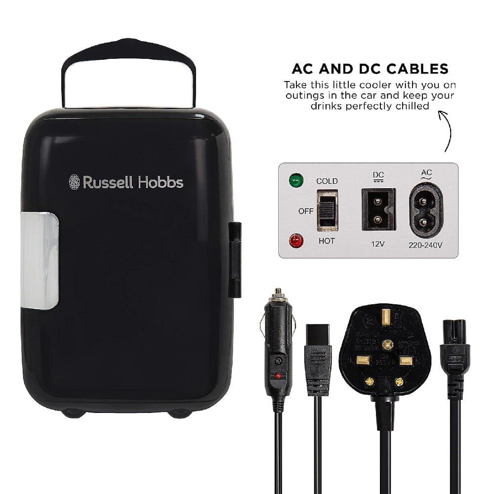 Russell Hobbs 4 litre portable mini cooler and warmer in black with white handle showing control panel with cold hot and off settings, DC 12V and AC 220-240V power options, and included car and mains power cables