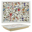 William Kilburn floral print lap tray with white frame and wooden base featuring multicolored botanical design with blue purple red and orange flowers on cream background
