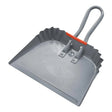 Heavy duty metal dustpan with grey finish, red handle grip, and integrated foot pedal release mechanism for hands-free operation