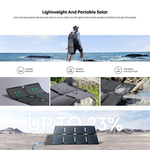 Anker SOLIX PS60 60W portable foldable solar panel in dark gray displayed in multiple views showing flexible material, scratch resistance, water and dust-proof design, with person wearing panel as backpack on beach and panels laid flat in desert landscape demonstrating 23% efficiency increase