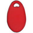 Red oval garden kneeling mat with handle by Burgon and Ball, featuring gray trim and a teardrop-shaped cutout grip at the top for easy carrying and support while kneeling
