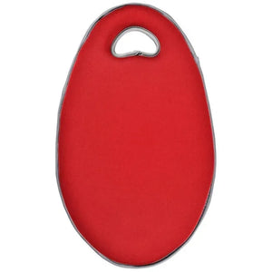 Red oval garden kneeling mat with handle by Burgon and Ball, featuring gray trim and a teardrop-shaped cutout grip at the top for easy carrying and support while kneeling