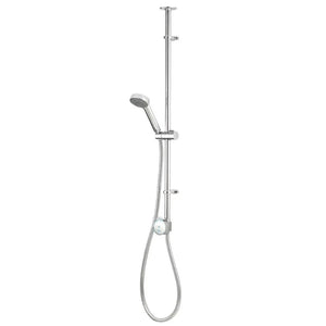 Aqualisa Quartz Blue Smart Digital Shower System with chrome finish pole, overhead rainfall showerhead, hand shower with flexible hose, and digital control unit mounted on vertical rail