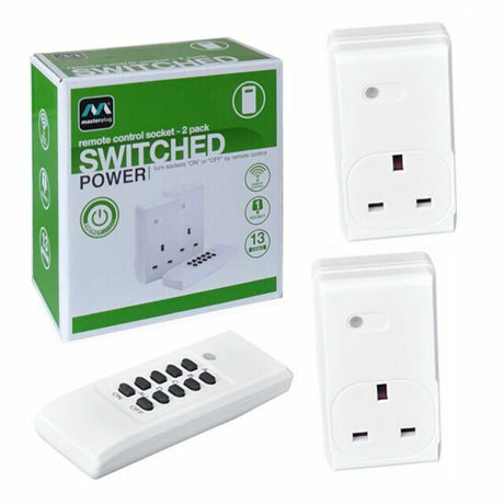 Masterplug remote control socket 2 pack showing green product box, white remote control unit with 8 black buttons, and two white wall-mounted power sockets with UK plug outlets