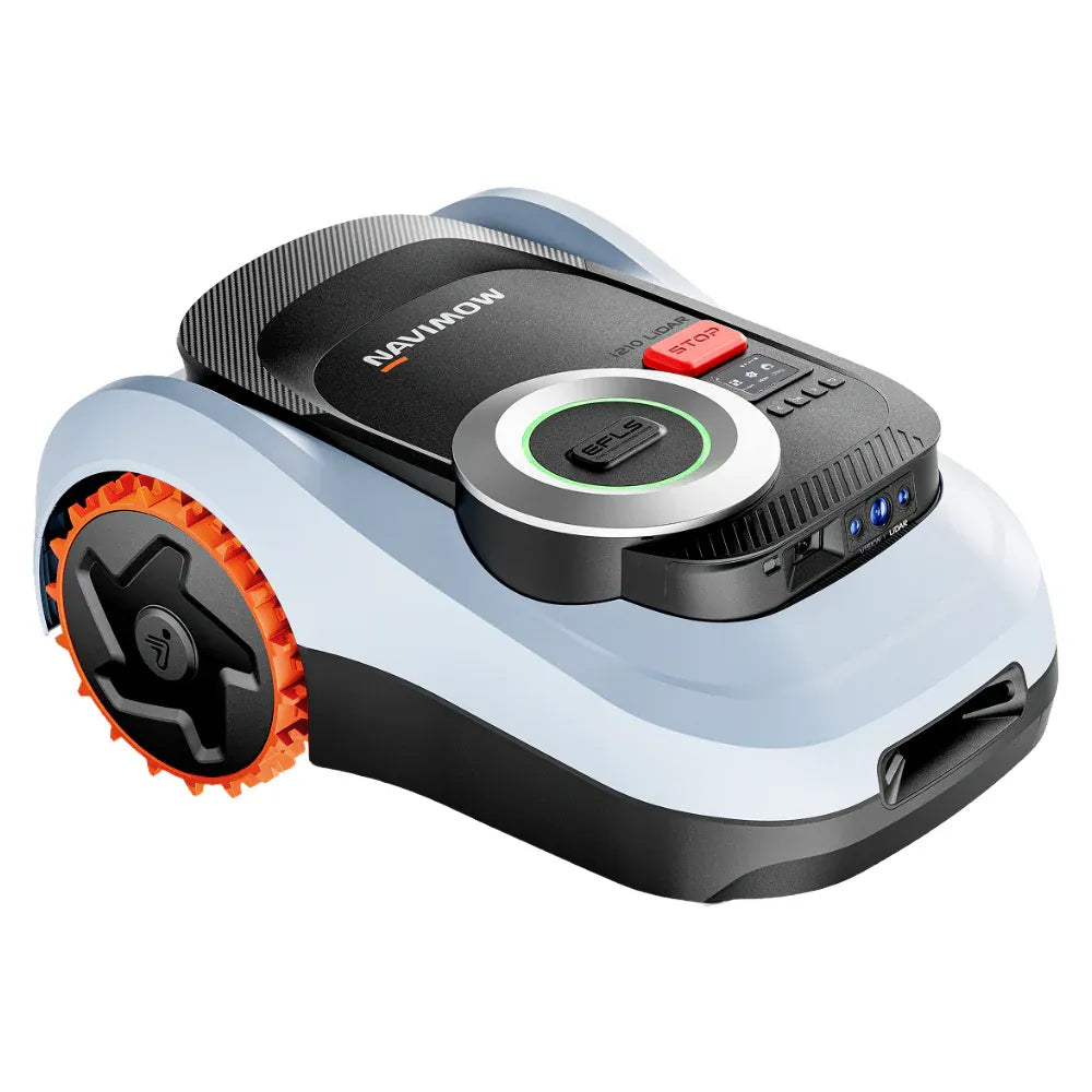 Segway Navimow i210 robotic lawn mower with white and black body, orange spiked wheel, black control panel with green circular button and red stop button on top, LiDAR navigation system visible on upper surface
