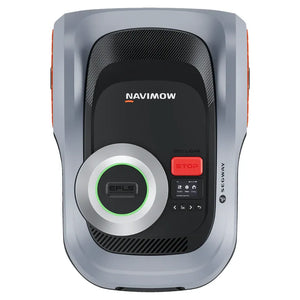 Top-down view of Segway Navimow i210 LiDAR robot lawn mower with gray and black body, green EFLS circular button, red STOP button, and control panel on dark interface, designed for 1000m2 lawn coverage