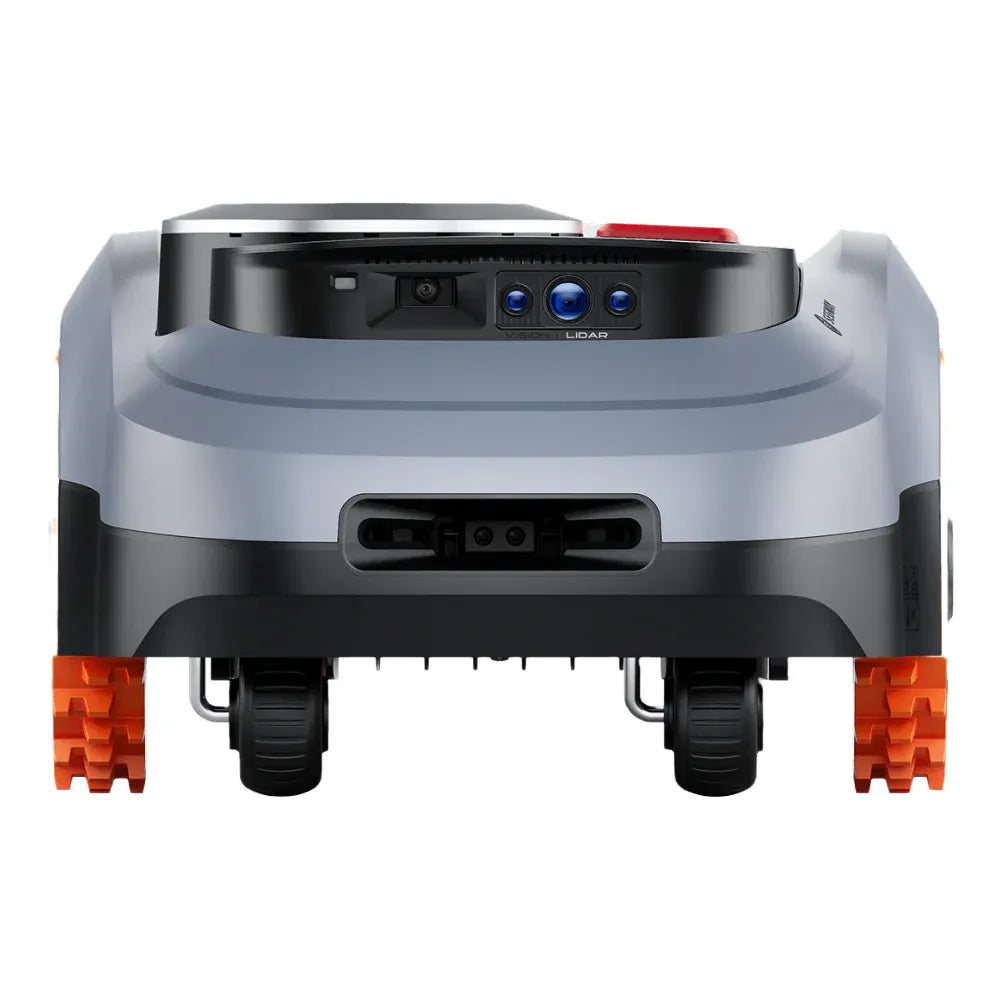Front view of Segway Navimow i210 robotic lawn mower with white and black body, orange treaded tracks, LiDAR sensor dome on top, and blue optical sensors on the black upper panel