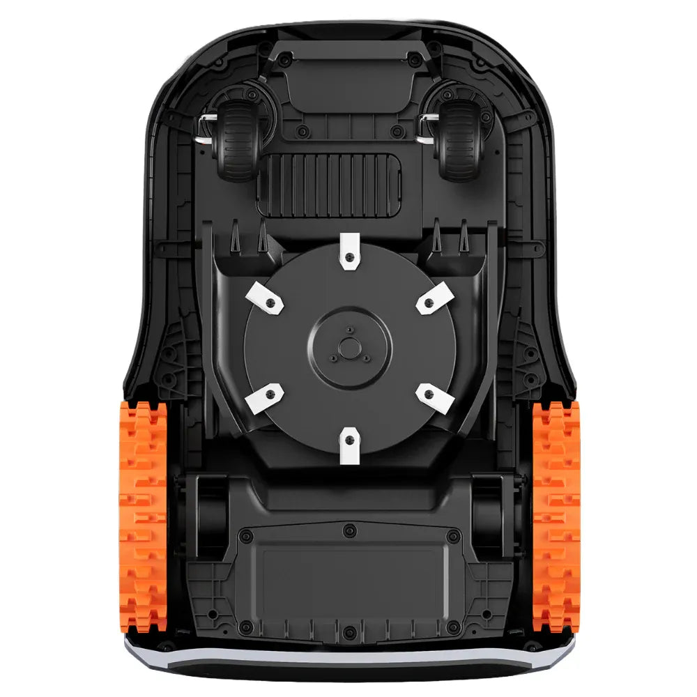 Overhead view of Segway Navimow i210 robotic lawn mower showing black chassis with orange rubber tracks, central circular cutting blade with white fasteners, black wheel assemblies, and ventilation grilles