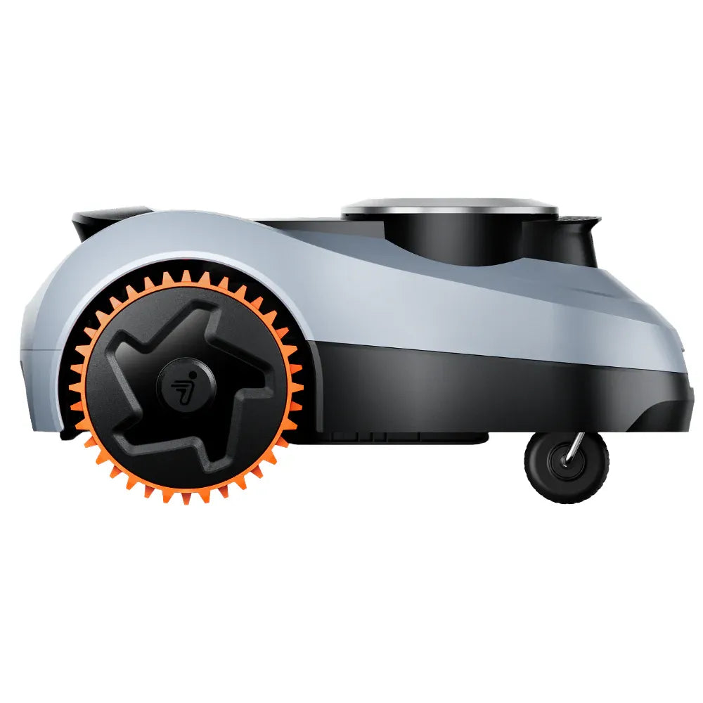 Segway Navimow i210 robotic lawn mower with grey and black body, orange spiked cutting wheel, side view against white background