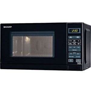 Black Sharp microwave oven on a white background