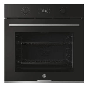 Black oven with digital display on a white background