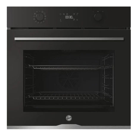Black oven with digital display on a white background