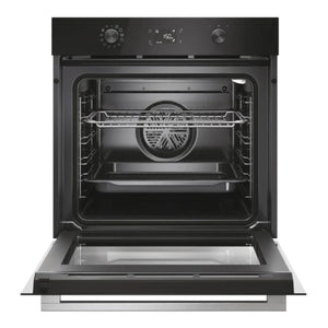 Black oven with open door on a white background