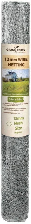 Grass Roots 13mm galvanised wire netting roll 10 metres by 0.9 metres with product packaging label showing mesh size and dimensions for chicken wire fencing