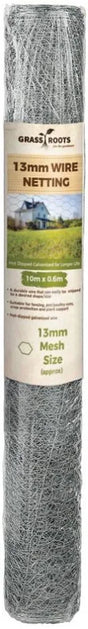 Grass Roots 13mm galvanised wire netting roll 10 metres by 0.9 metres with product packaging label showing mesh size and dimensions for chicken wire fencing