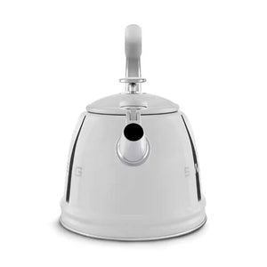 Smeg 50s Style Stovetop Whistling Kettle in stainless steel with white enamel coating, featuring a chrome spout, handle, and lid with black accents, displayed against a white background