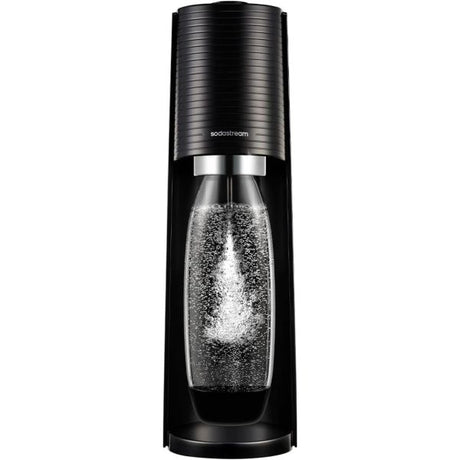 SodaStream E-Terra black sparkling water maker with carbonated water in glass bottle and chrome accents