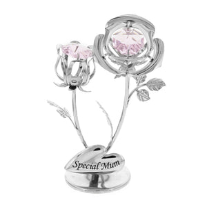 Silver rose-shaped figurine with pink gemstones and 'Special Mum' inscription on a white background