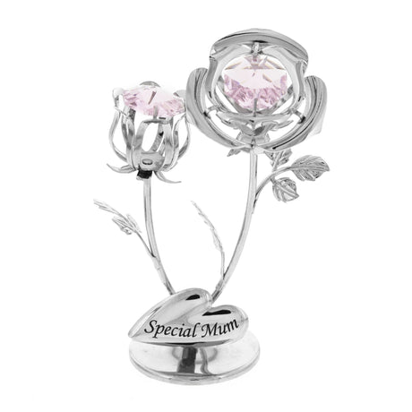 Silver rose-shaped figurine with pink gemstones and 'Special Mum' inscription on a white background