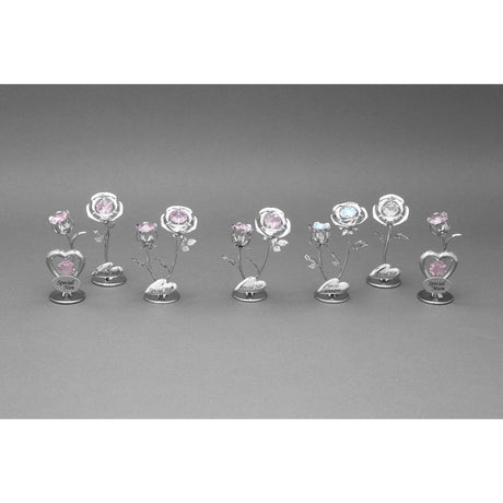 Chrome plated decorative rose and rose bud figurines with pink and clear crystals on silver bases engraved with Special Mum text, displayed in a lineup against a gray background