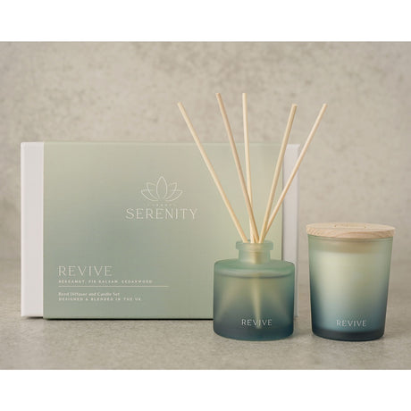 Serenity Revive diffuser and candle set on a neutral background