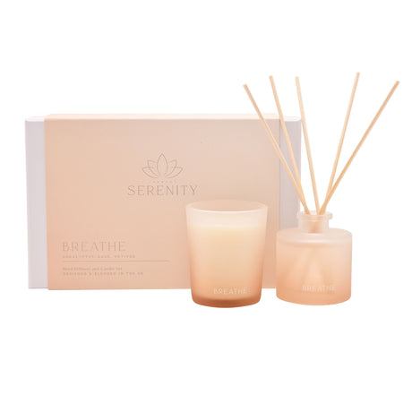 Serenity Breathe Reed Diffuser and Candle Set in soft peach packaging featuring a frosted glass candle with cream wax and a matching reed diffuser with wooden sticks, designed and blended in the UK with eucalyptus sage and vetiver scents