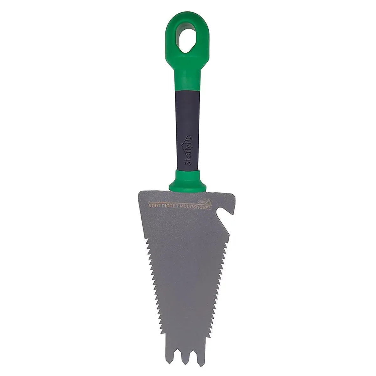 JML Starlyf Root Digger Multi-Purpose Garden Trowel with green handle and black grip section, gray metal blade featuring serrated edges and prong design