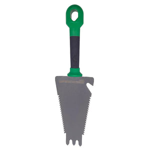 JML Starlyf Root Digger Multi-Purpose Garden Trowel with green handle and black grip section, gray metal blade featuring serrated edges and prong design