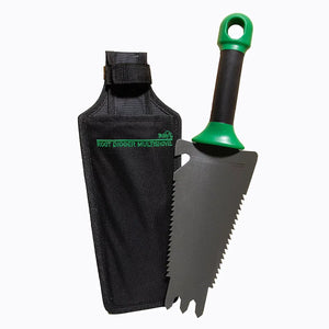 JML Starlyf Root Digger Multi-Purpose Garden Trowel with green handle and black blade shown with black storage holster