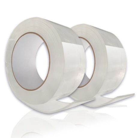 Two rolls of clear double-sided adhesive tape with brown cardboard cores displayed against a white background, showing the transparent tape partially unrolled