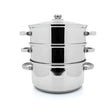 Steelex 24cm three-tier stainless steel steamer with glass lid and handles, featuring stacked cooking compartments and chrome accents on white background