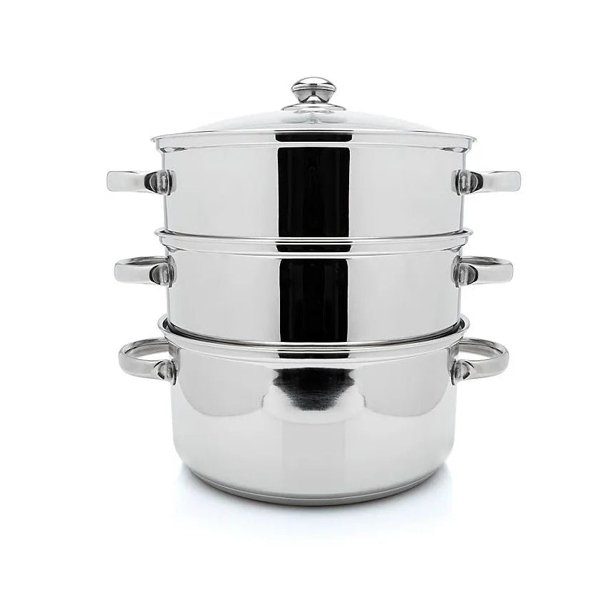 Steelex 24cm three-tier stainless steel steamer with glass lid and handles, featuring stacked cooking compartments and chrome accents on white background