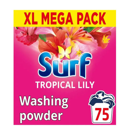 Surf Tropical Lily washing powder XL Mega Pack 75 washes 3.75kg with pink background and colorful flower imagery