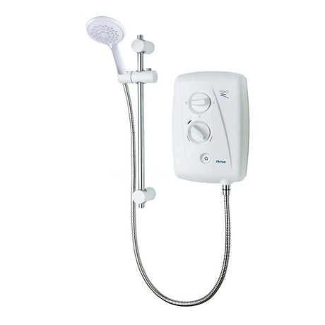 Triton T80Z electric mains fed shower system in white with 9.0kW power unit, chrome handheld showerhead, adjustable rail, and dual control panel showing temperature and power settings