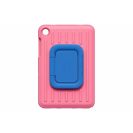 Samsung Galaxy Tab A11+ Kids Cover in pink with blue carrying handle, featuring vertical ribbed texture and rounded corners for Samsung tablets
