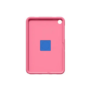 Pink silicone protective case for Samsung Galaxy Tab A11+ with blue circular stand grip on back, featuring rounded edges and camera cutout hole in top right corner