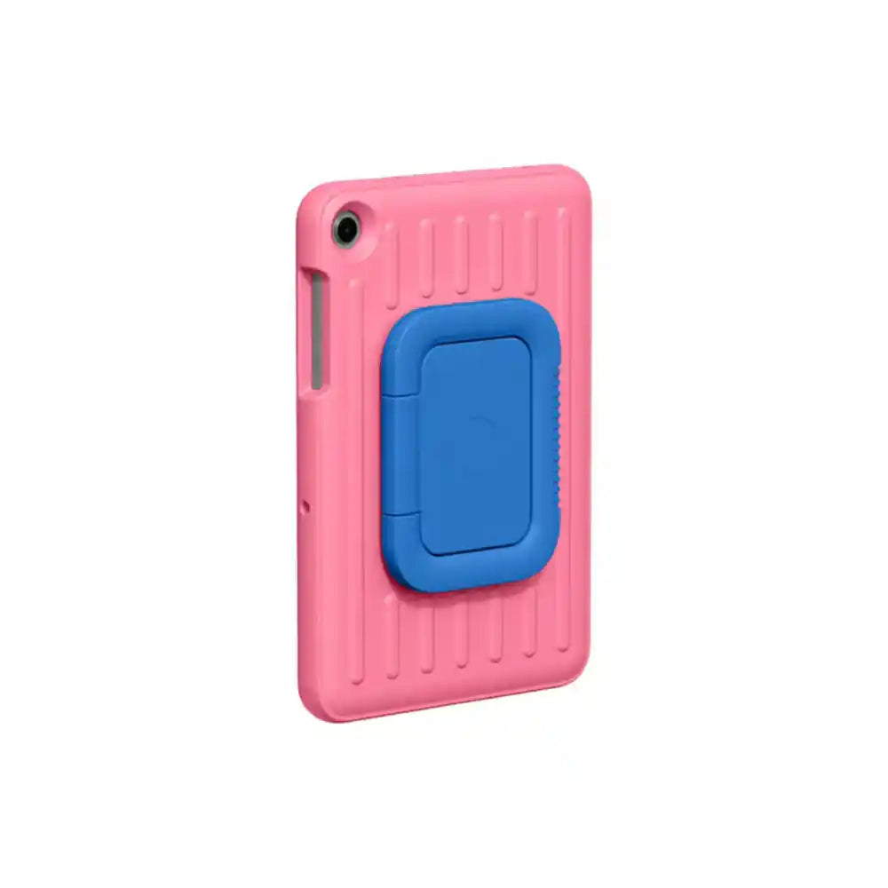 Samsung Galaxy Tab A11+ Kids protective case in pink with blue carrying handle, featuring ridged texture design and camera cutout