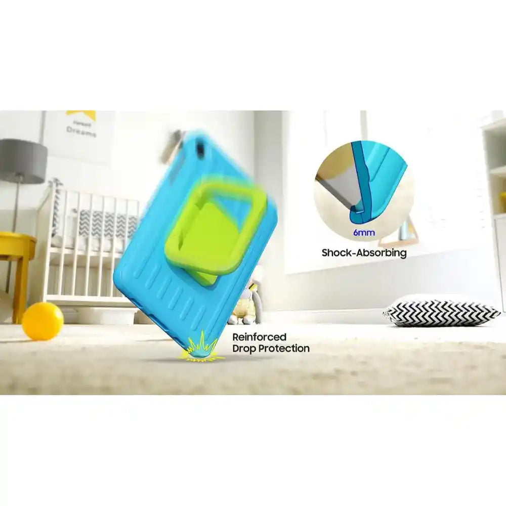 Blue and lime green rugged kids tablet case for Samsung Galaxy Tab A11+ showing reinforced drop protection with 6mm shock-absorbing bumpers, displayed in a bright nursery room setting with yellow ball and chevron pillow
